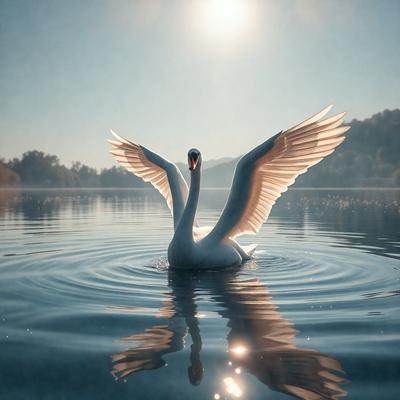 The primary subject of the image is a white swan with its wings spread wide, floating on a body of water. The setting is a serene lake, and the visual style is a photo. The swan appears to be the main focus of the image, and its wings are spread across the majority of the frame. The colors in the image are predominantly white, which adds to the overall calm and peaceful atmosphere.